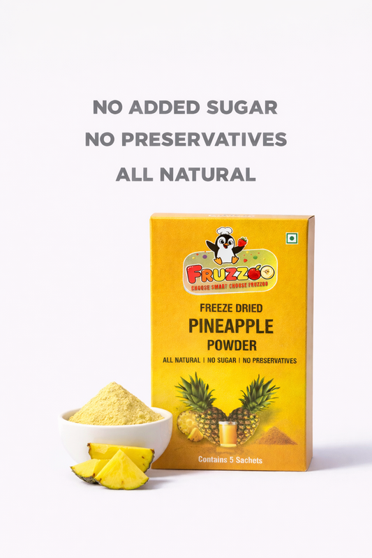 Fruzzoo Pineapple Powder sachet with tropical pineapple fruit slices