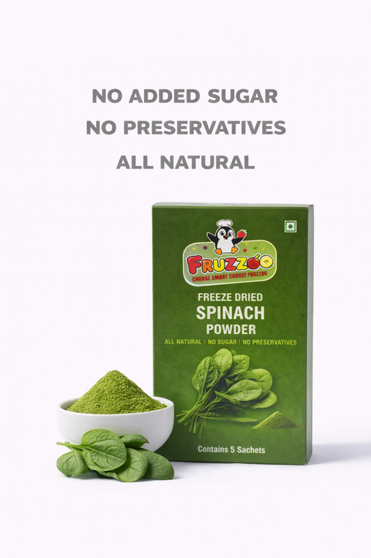 Fruzzoo Spinach Powder sachet with fresh spinach leaves and powder