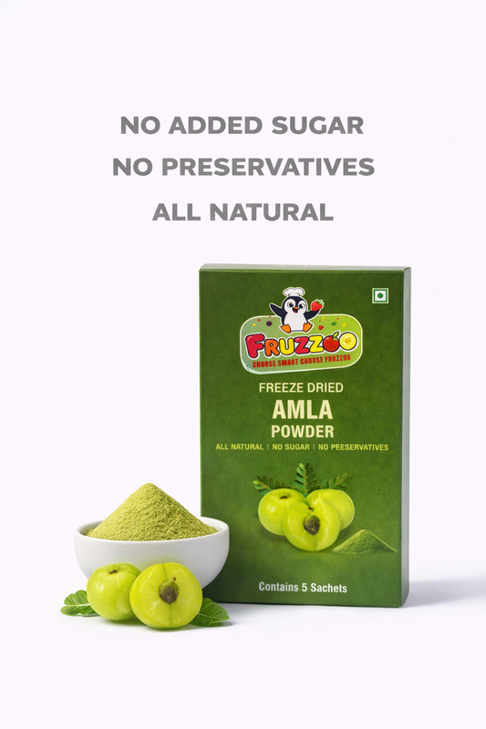 Fruzzoo Amla Powder sachet with fresh amla fruit and powder