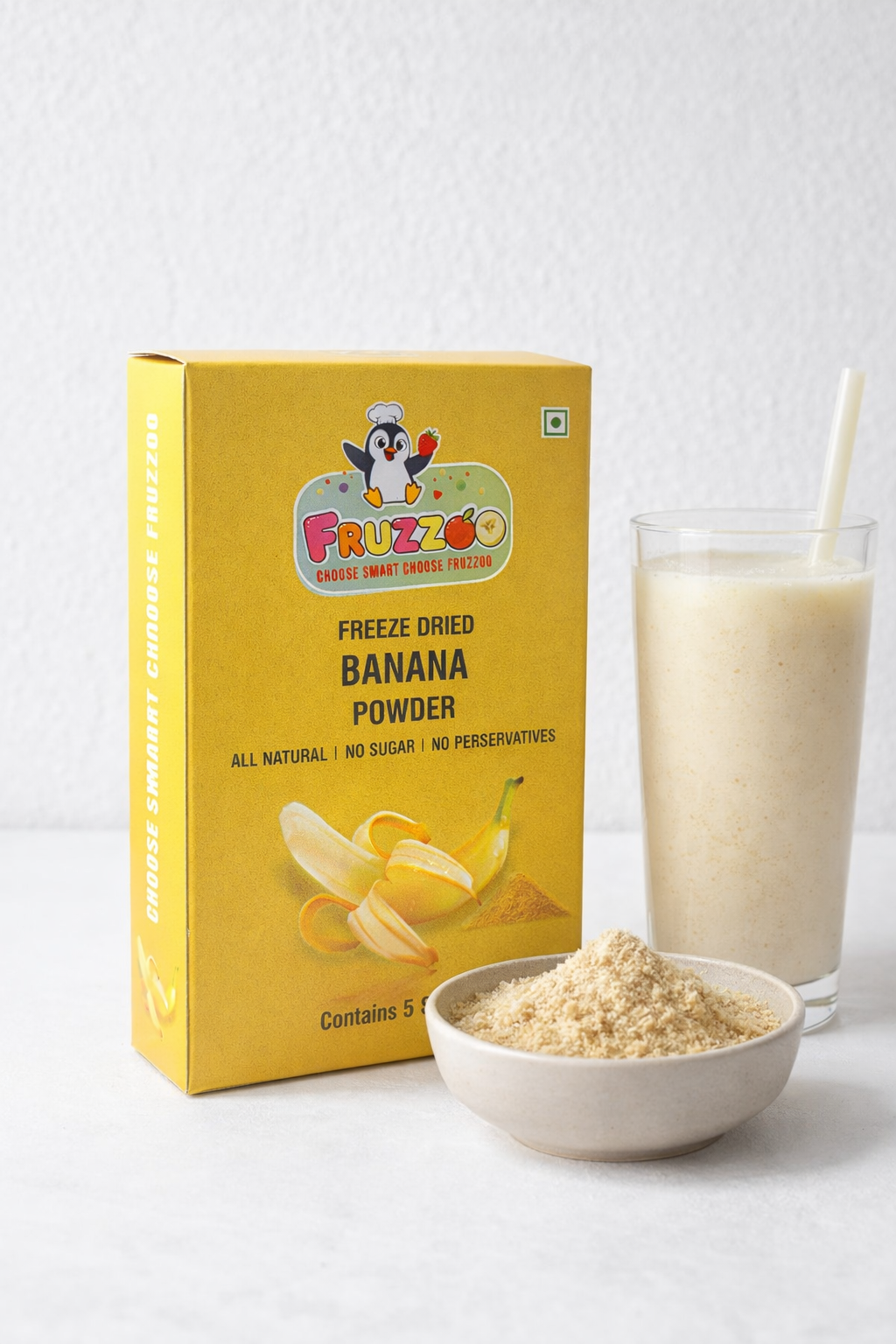 Fruzzoo Banana Powder pack of 5 sachets with fresh bananas