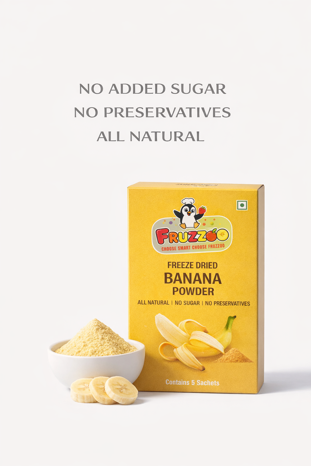 Fruzzoo Banana Powder sachet with ripe banana fruit and powder