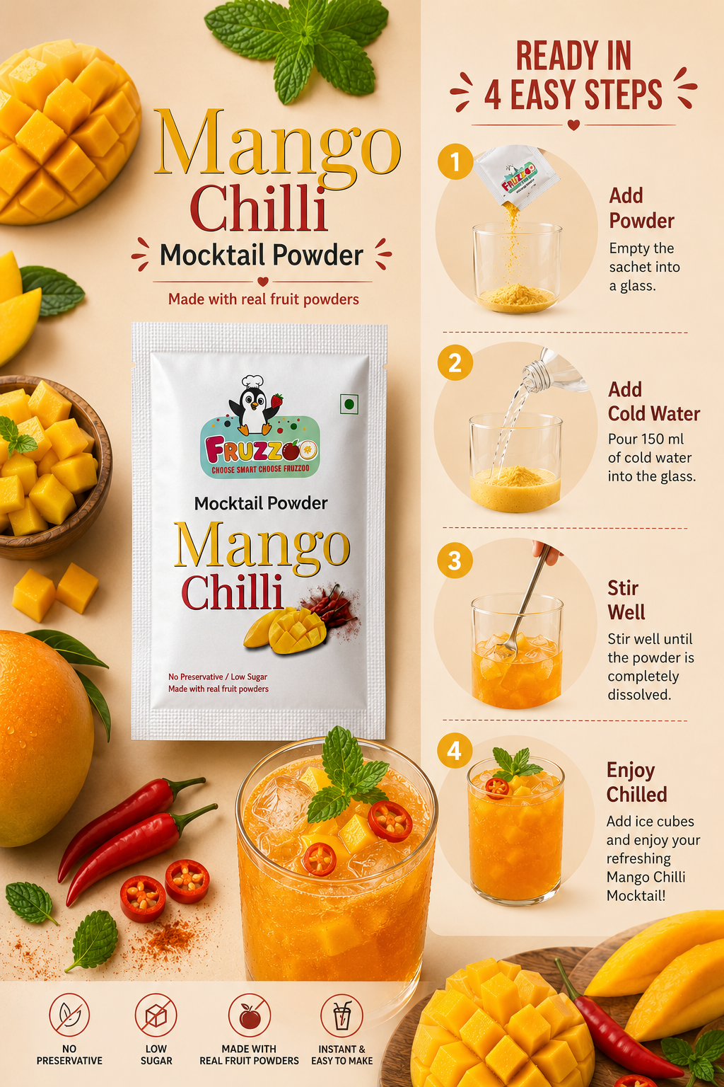 Fruzzoo Mango Chilli Mocktail Powder - Pack of 5 Sachets
