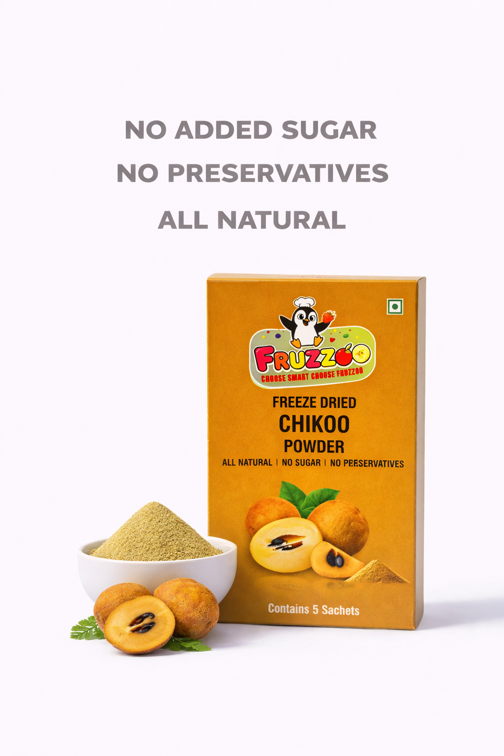 Fruzzoo Chikoo Powder sachet with fresh chikoo fruit and powder