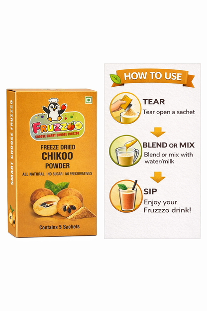 Fruzzoo Chikoo Powder mixed into a creamy chikoo milkshake