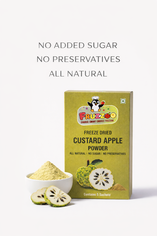 Fruzzoo Custard Apple Powder sachet with fresh custard apple and powder