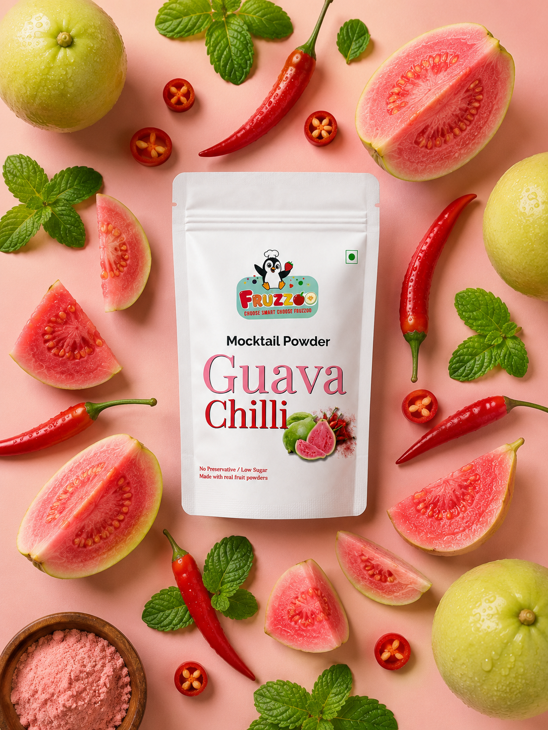 Fruzzoo Guava Chilli Mocktail served in a glass with ice