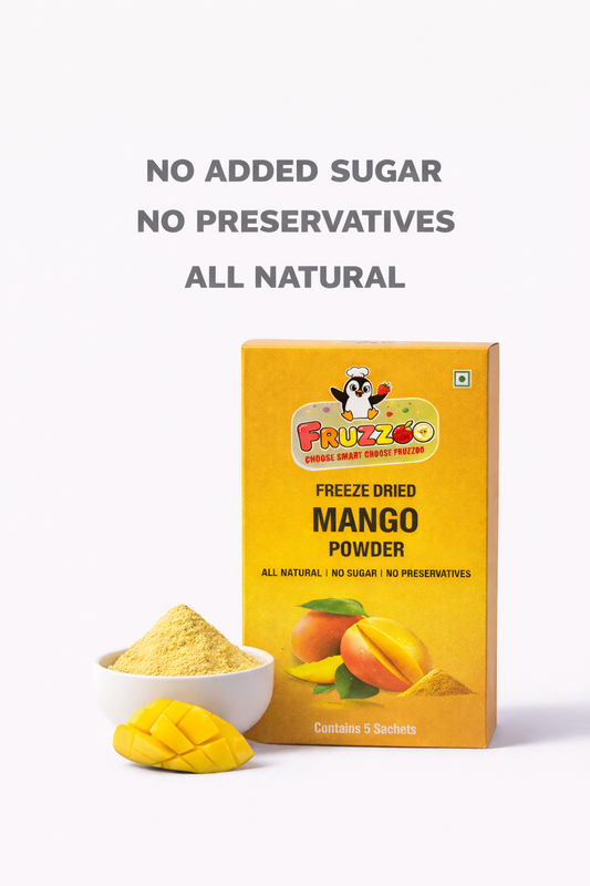 Fruzzoo Mango Powder sachet with ripe mango fruit and powder