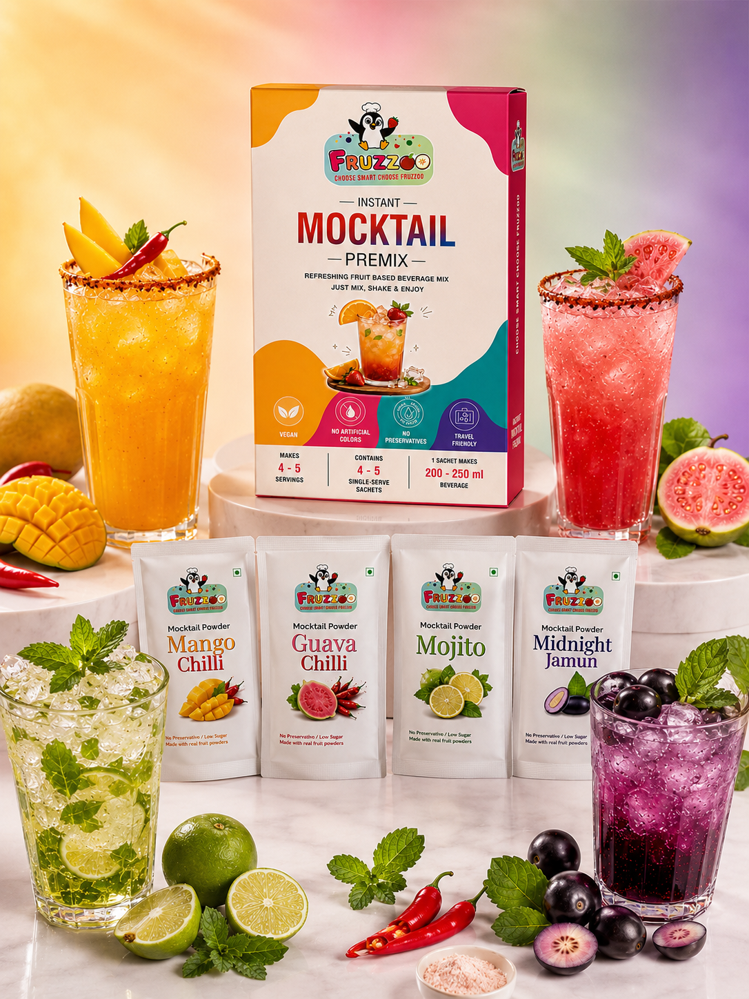 Fruzzoo Mocktail Box contents showing all 4 mocktail flavour sachets