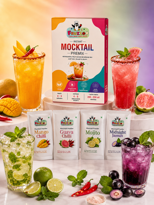 Fruzzoo Mocktail Box contents showing all 4 mocktail flavour sachets