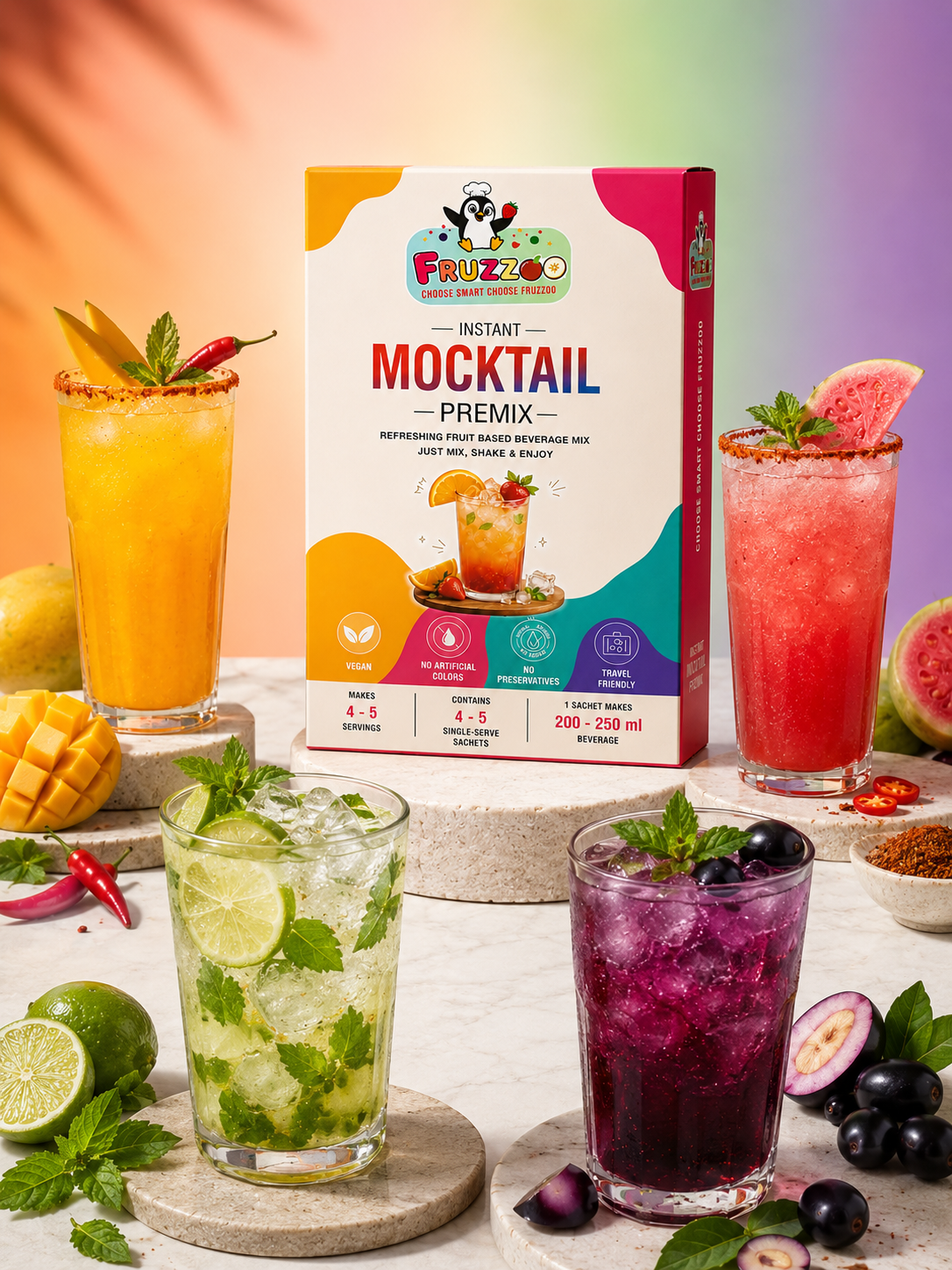 Fruzzoo Mocktail Box four flavours served as party drinks with garnish