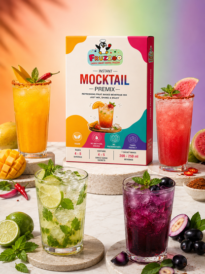 Fruzzoo Mocktail Box four flavours served as party drinks with garnish