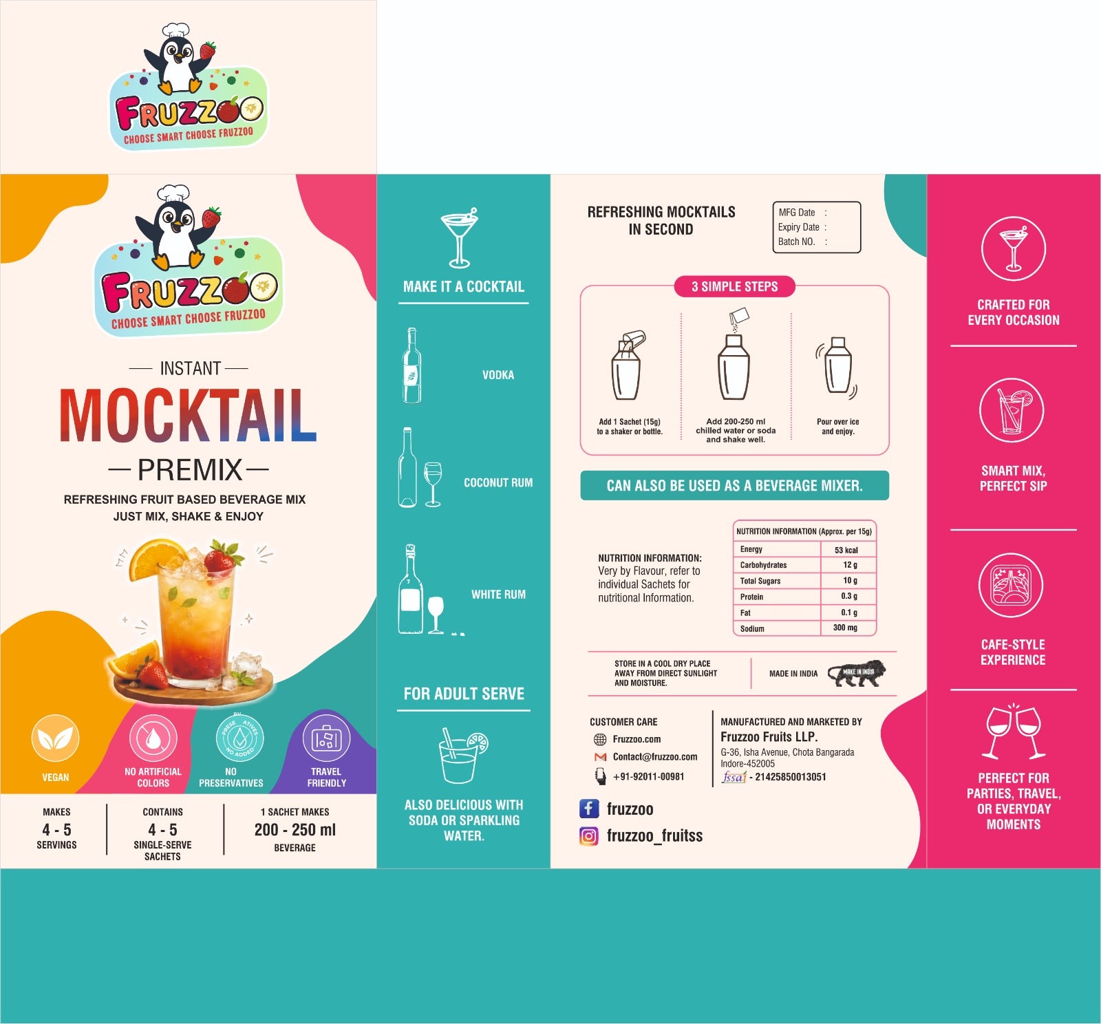 Fruzzoo Mocktail Premix box mixing instructions and nutrition panel