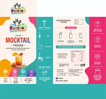 Fruzzoo Mocktail Premix box mixing instructions and nutrition panel