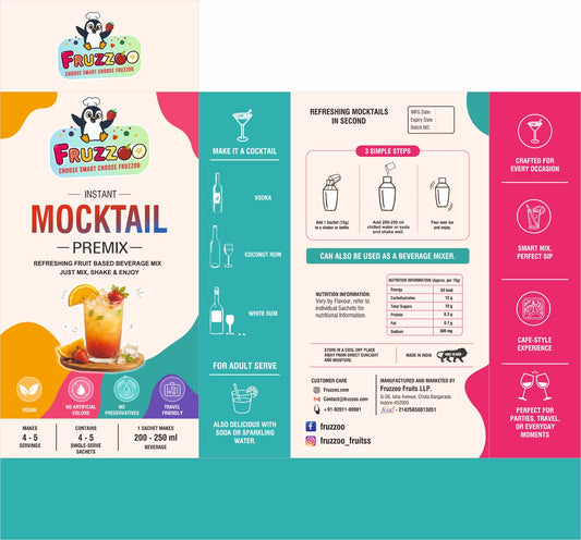 Fruzzoo Mocktail Premix box mixing instructions and nutrition panel