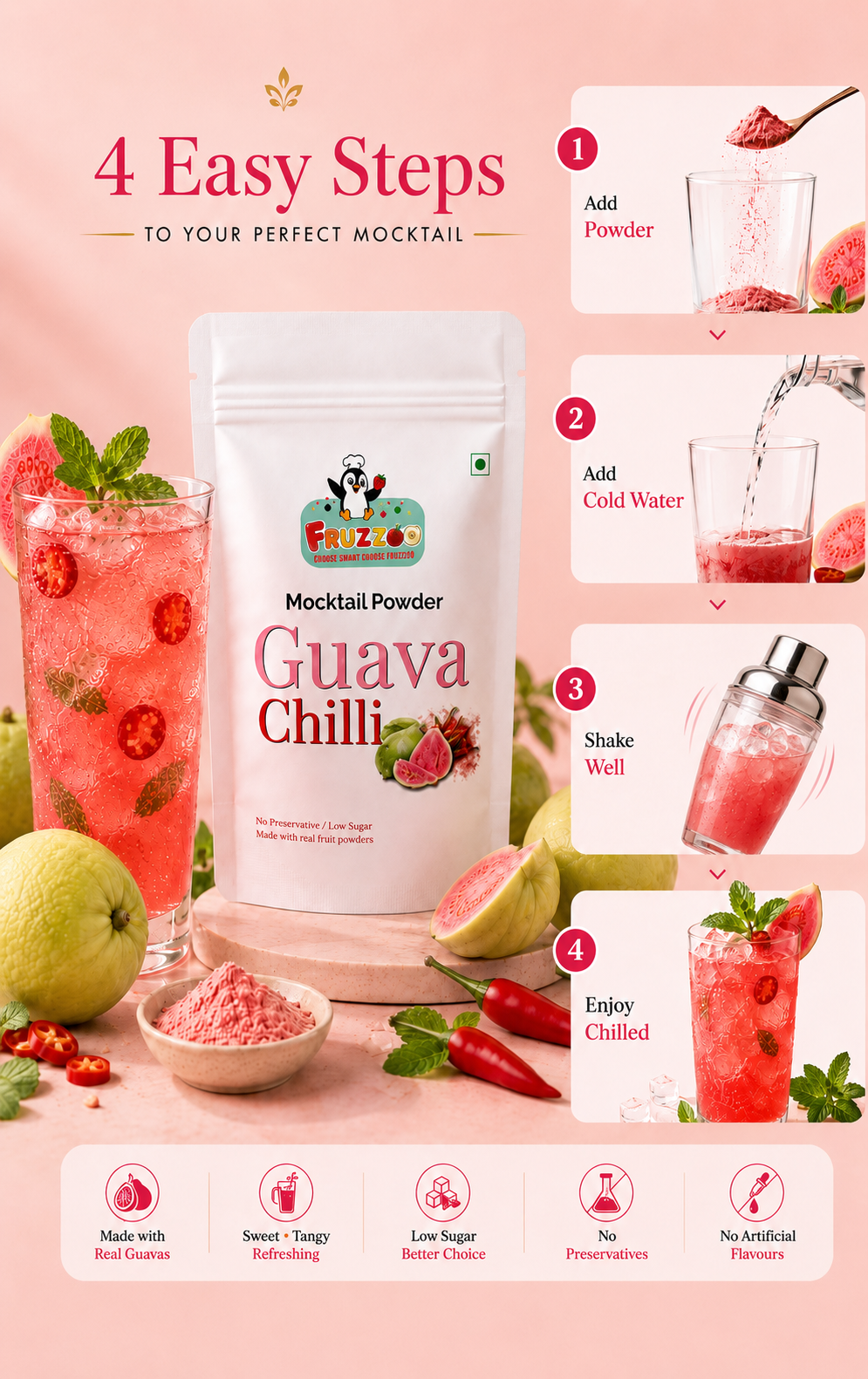 Fruzzoo Guava Chilli Mocktail Powder - Pack of 4 Sachets