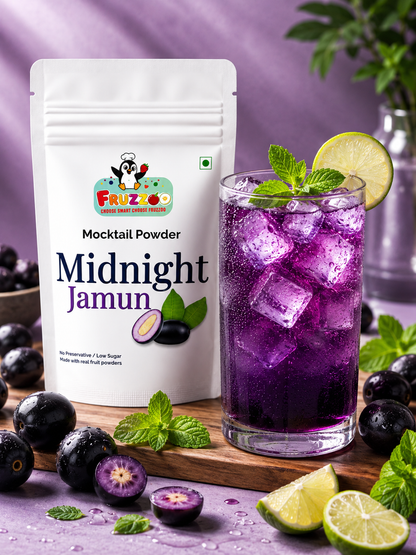 Fruzzoo Midnight Jamun Mocktail Powder sachet with jamun fruit