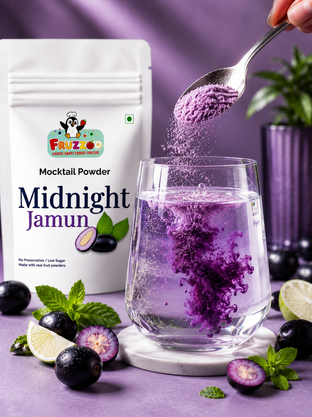 Fruzzoo Midnight Jamun Mocktail served in a glass with deep purple colour